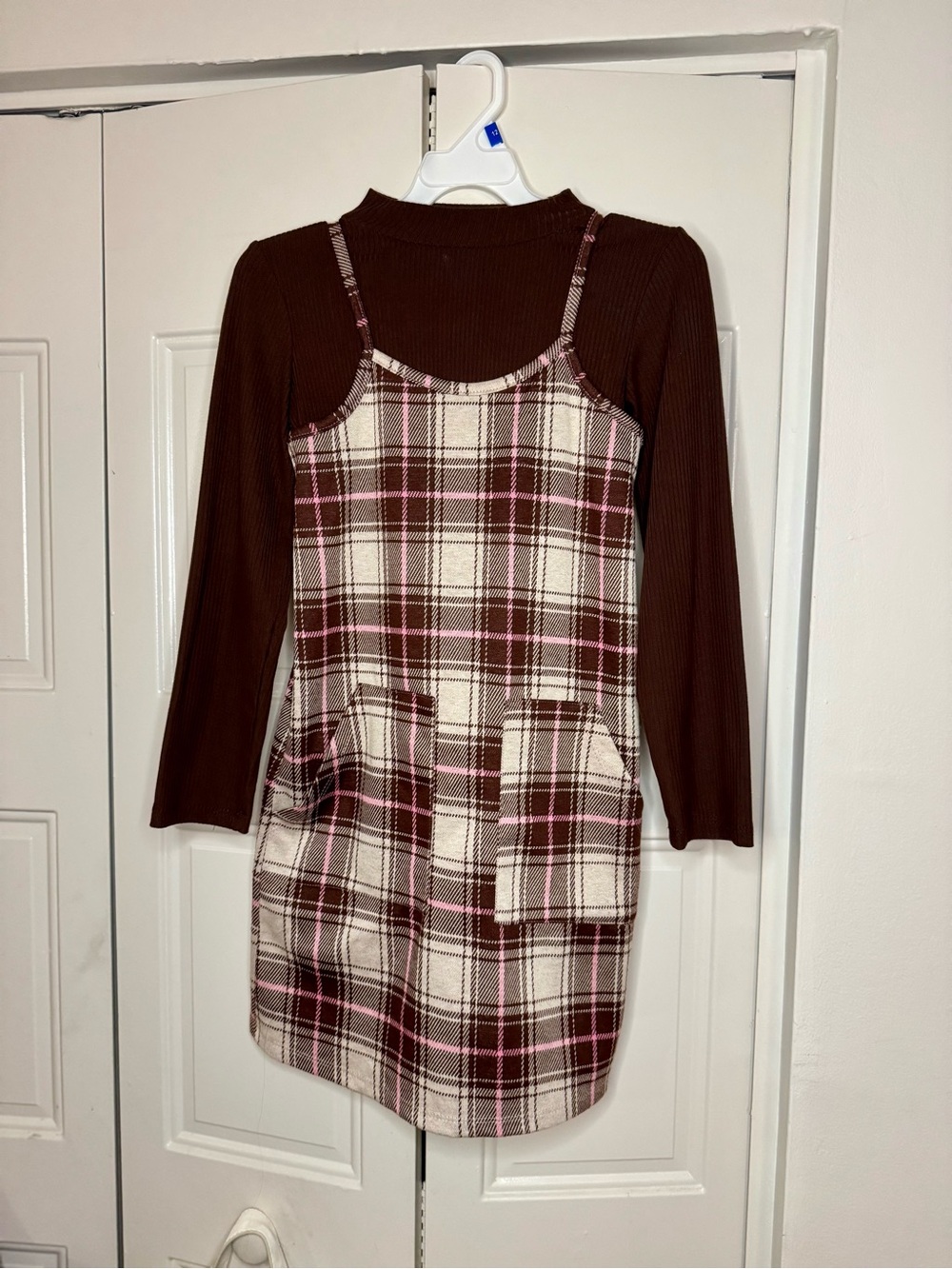 Btween Girls 7 Plaid Pinafore Dress + Brown Ribbed Top Set